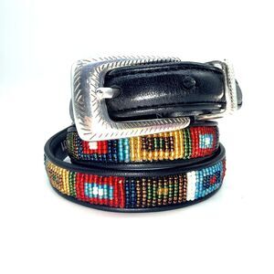 Brighton Beaded Black Leather Belt with Multicolor Seed Beads